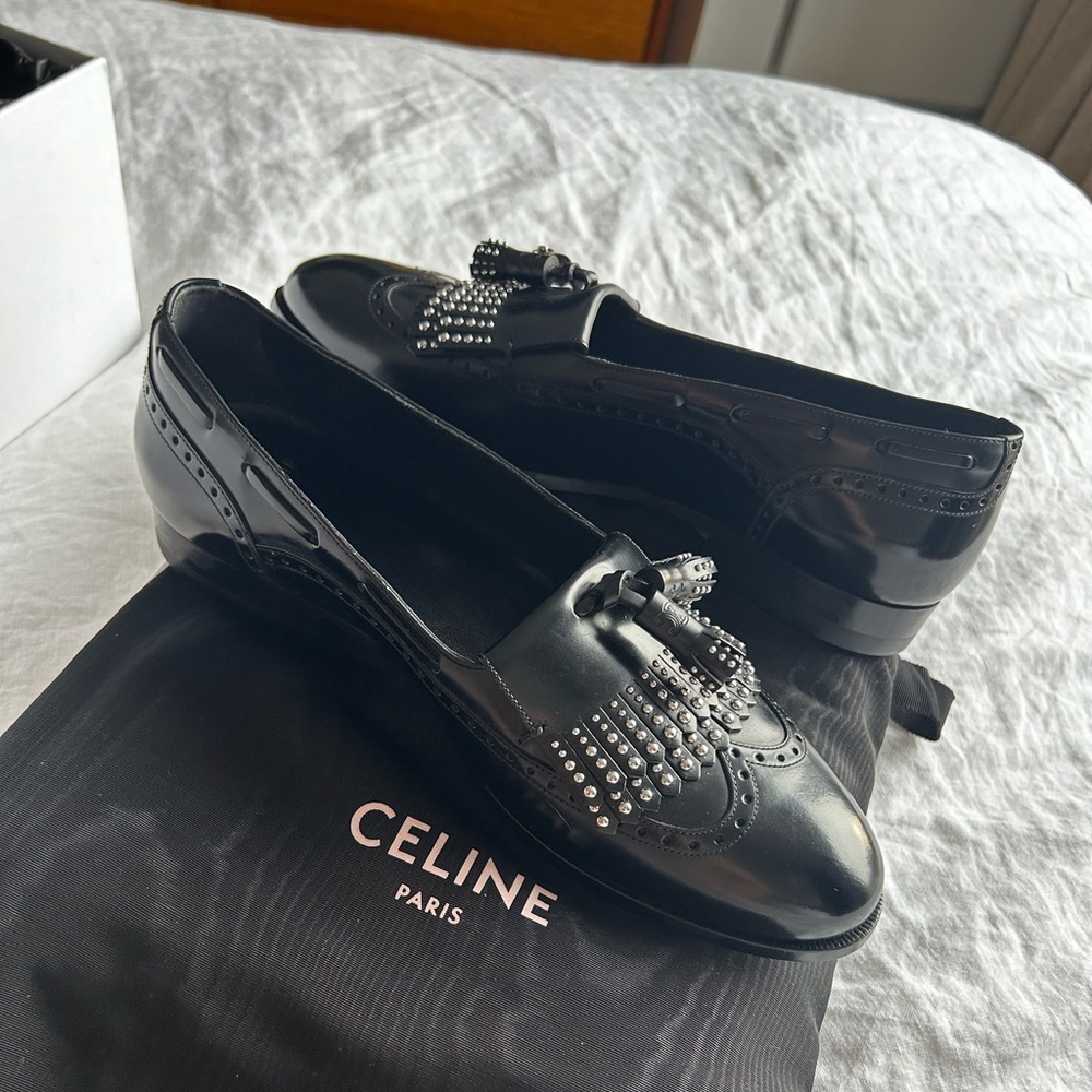 Celine patent leather loafer w studs